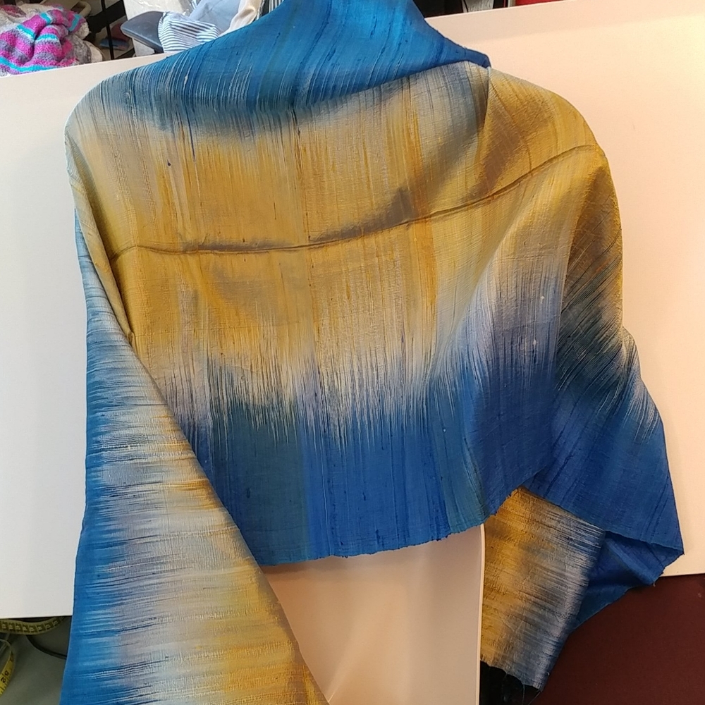 Vibrant Blue and Gold Raw Silk Shawl-Large Scarf